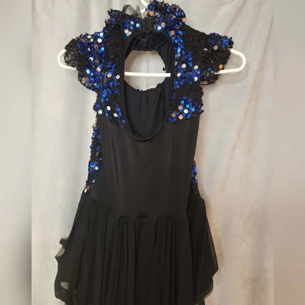 Jazz, Tap, Contempo Dance Costume, Blue sequin with black skirt, Large Child